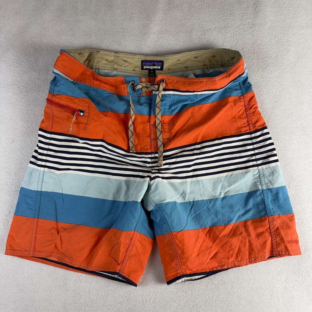 Patagonia Mens Striped Board Shorts Orange Blue Swim Trunks Size 36
